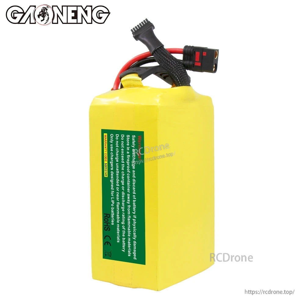 Rear view of GAONENG battery pack with green safety label and certification marks, leads on top
