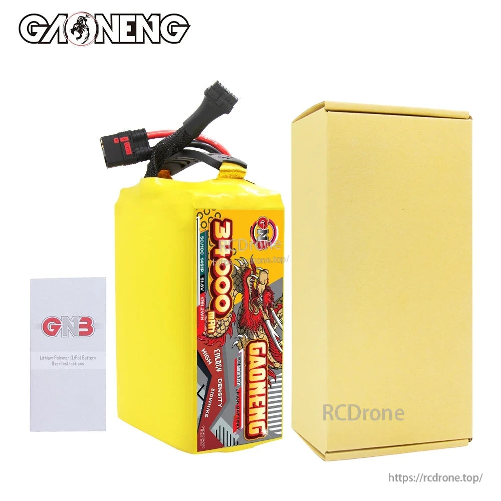 Package contents: GAONENG 34000mAh battery pack, instruction leaflet, and plain cardboard box