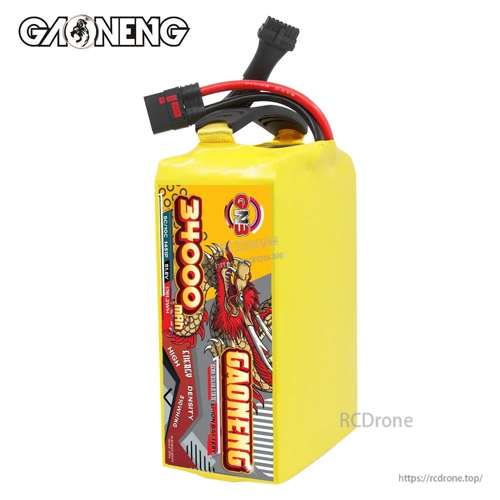 Upright front view of yellow GAONENG battery pack showing 34000mAh label and attached leads