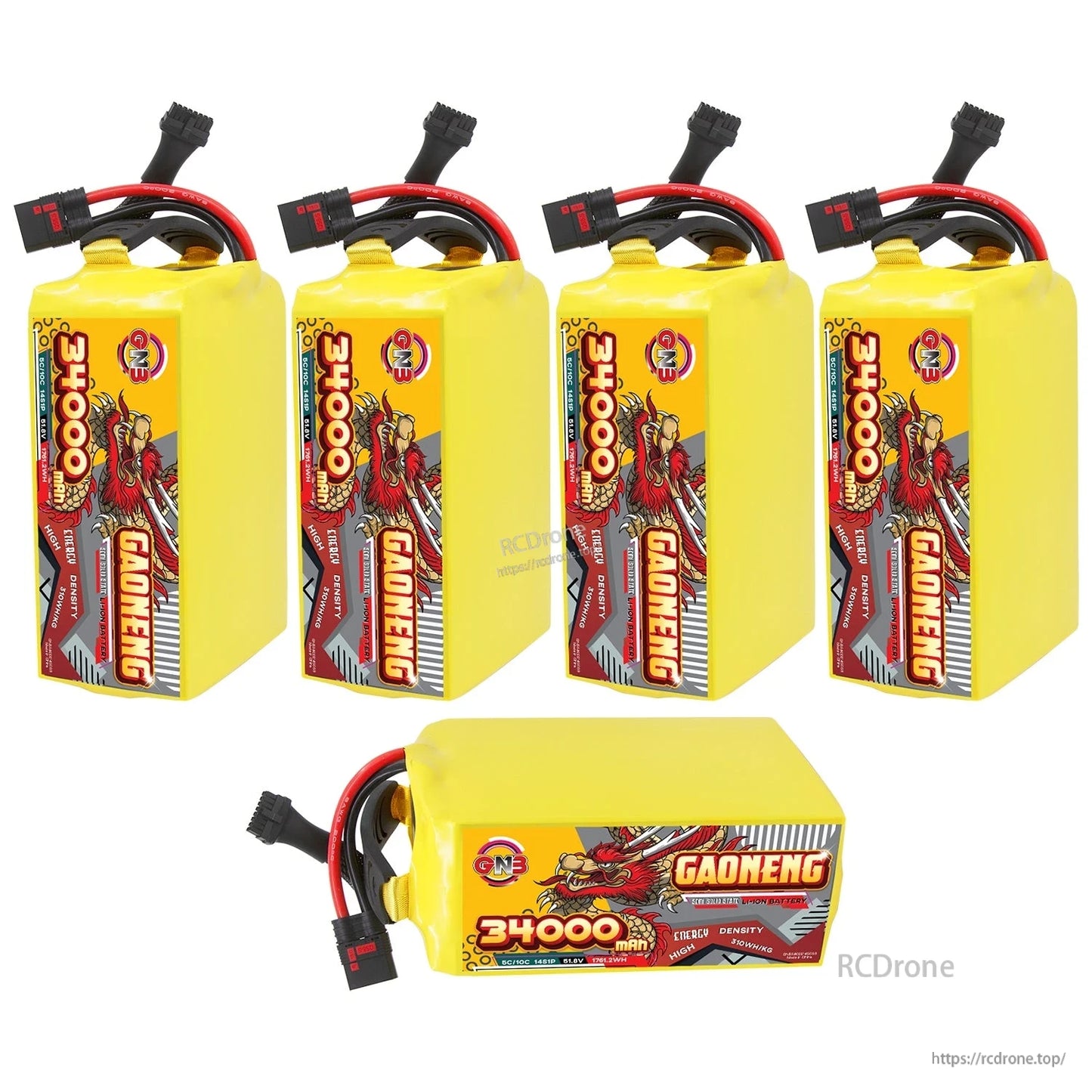 Five-pack display: four upright GAONENG 34000mAh batteries plus one horizontal unit showing top label