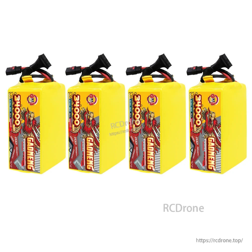 Four GAONENG 34000mAh battery packs standing upright in a row, label side facing forward