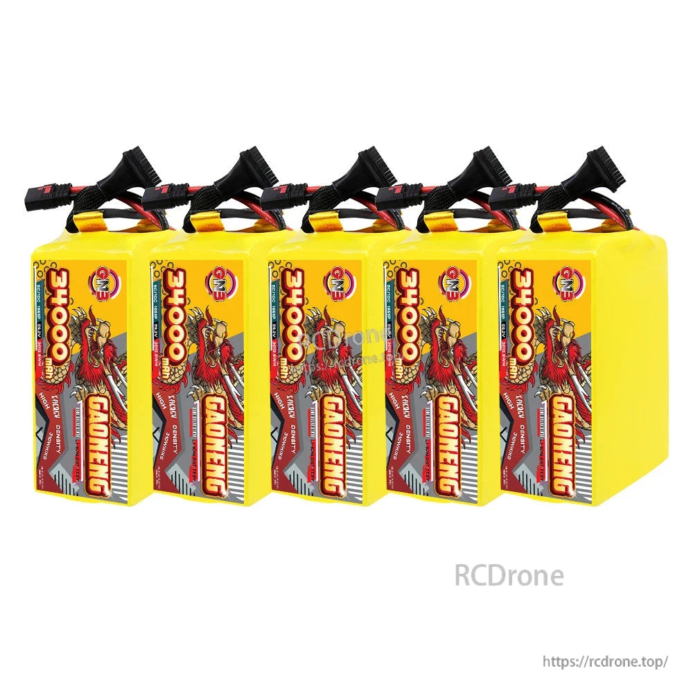Five GAONENG 34000mAh battery packs standing upright in a row, label side facing forward