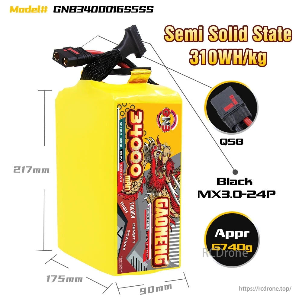 Battery size and connector details graphic: 217×175×90 mm, QS8 plug, MX3.0-24P balance
