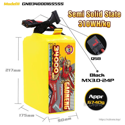 Battery size and connector details graphic: 217×175×90 mm, QS8 plug, MX3.0-24P balance