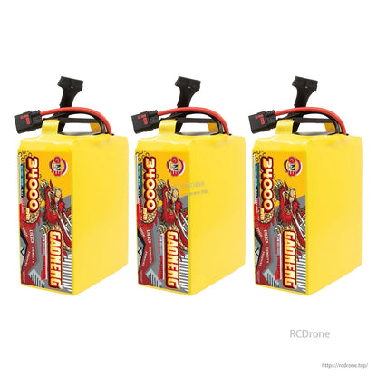 Three GAONENG GNB 34000mAh battery packs upright in a row, showing labels and top leads