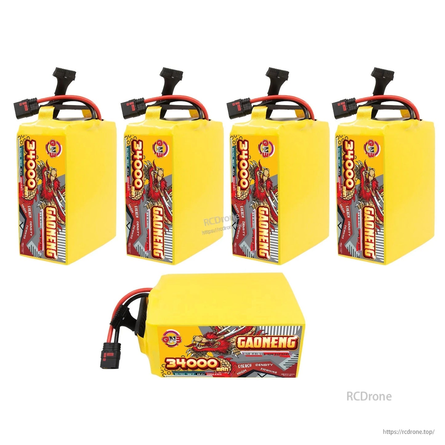Group photo of multiple GAONENG GNB battery packs: four upright plus one horizontal pack showing top label
