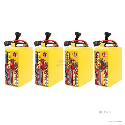 Four GAONENG GNB 34000mAh battery packs upright in a row, showing labels and wiring