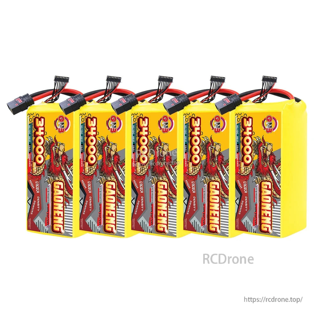 Five GAONENG GNB battery packs lineup, upright with QS8-style leads across the top