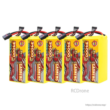 Five GAONENG GNB battery packs lineup, upright with QS8-style leads across the top