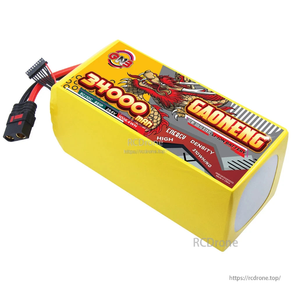 Angled top view of GAONENG GNB 34000mAh pack showing 8S balance plug and QS8 discharge connector