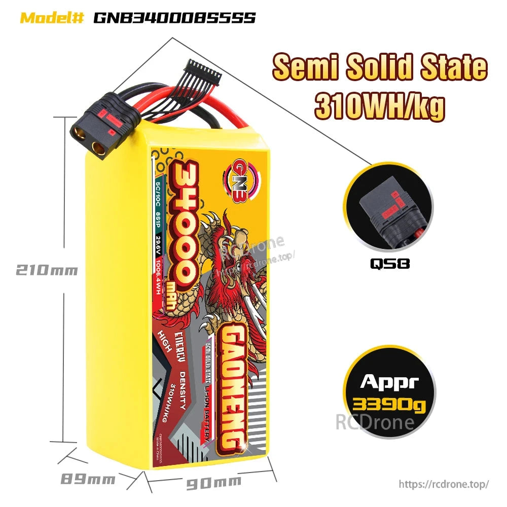 Battery dimension graphic showing 210 mm height, 89–90 mm width, QS8 connector, approx 3390 g