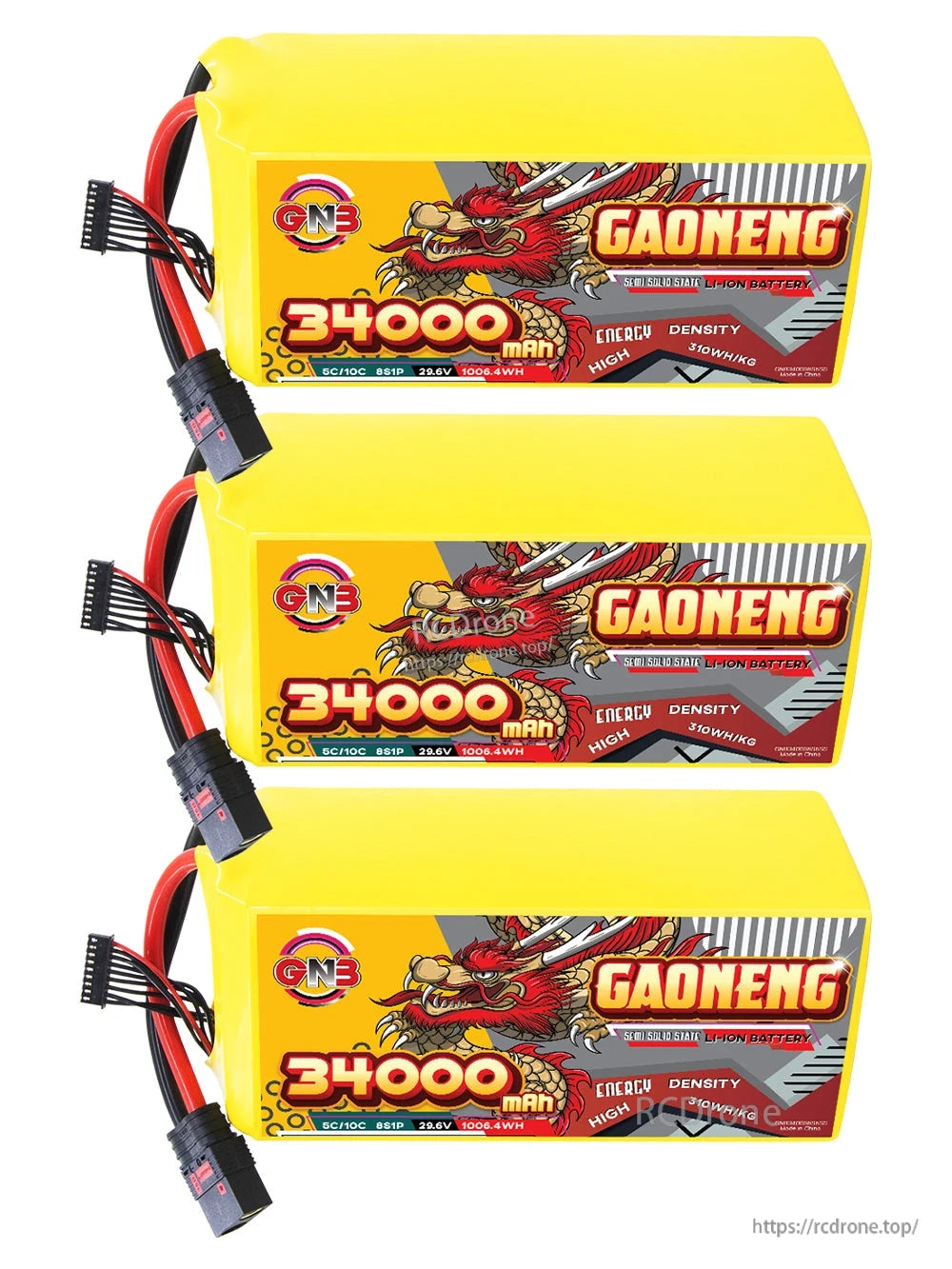Three GAONENG GNB 34000mAh battery packs stacked horizontally with discharge and balance leads