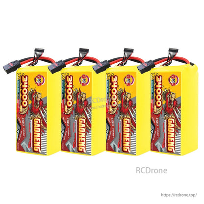 Four GAONENG GNB battery packs in a row, upright orientation with connectors visible