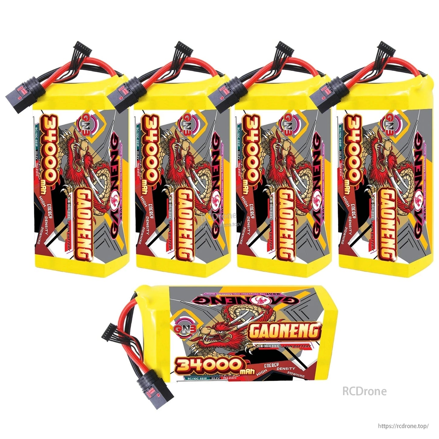 Five GAONENG 34000mAh batteries shown—four upright and one horizontal