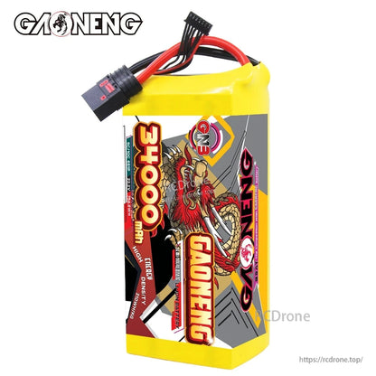 Upright front view of GAONENG 34000mAh battery showing dragon label and attached discharge/balance leads