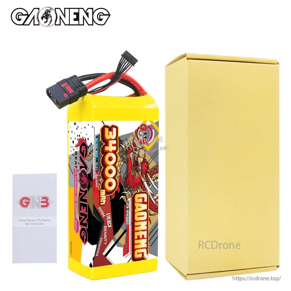 Package contents: GAONENG 34000mAh battery with yellow box and GNB user instructions card