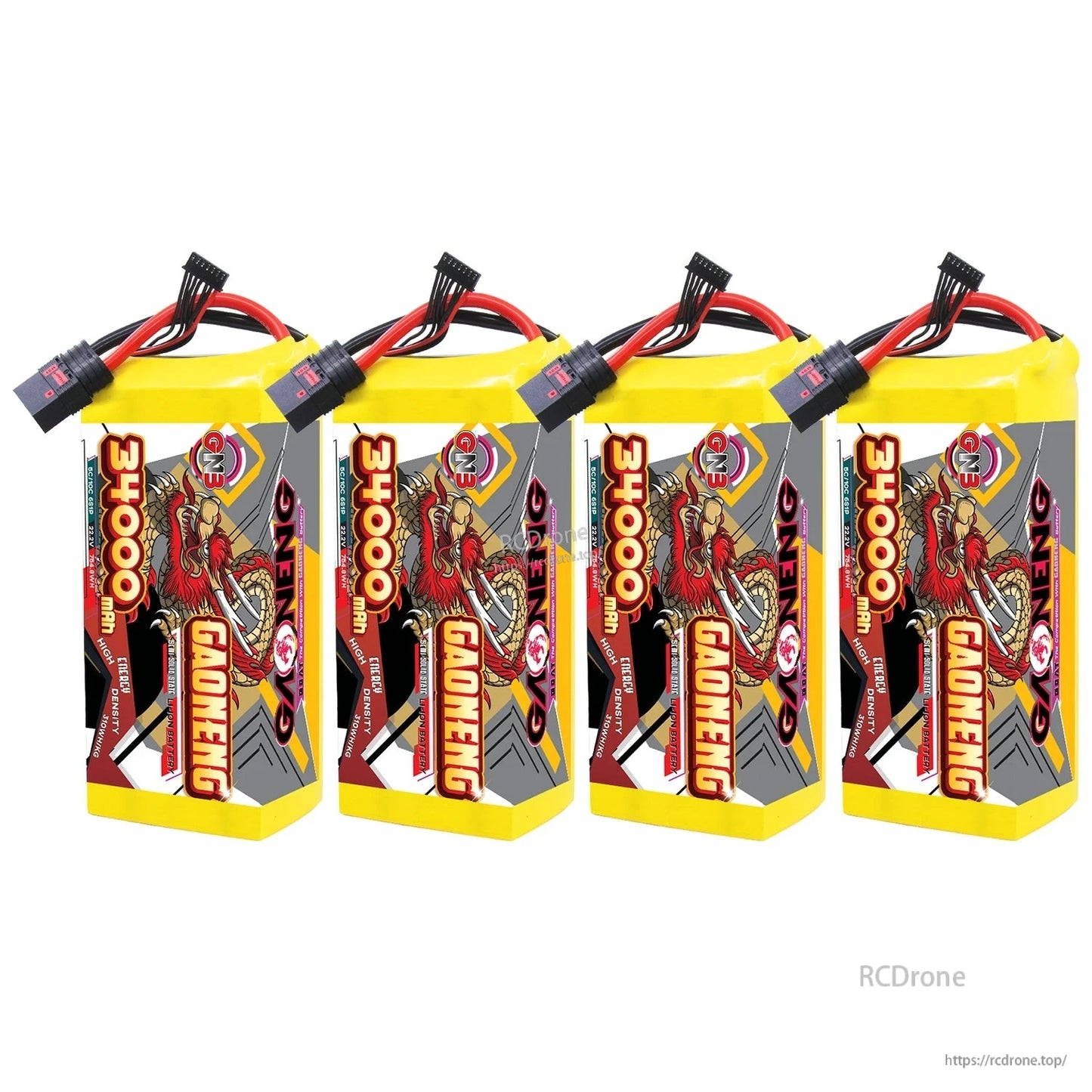 Four GAONENG 34000mAh battery packs lineup, front label view