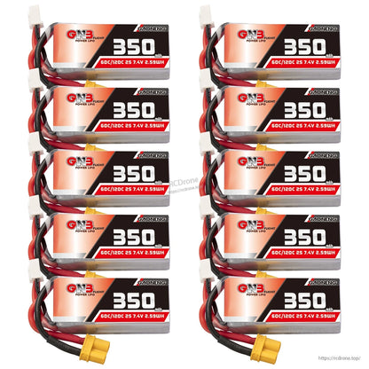 Ten-pack bundle of GNB 350mAh 2S LiPo batteries with yellow XT30 connectors and balance leads