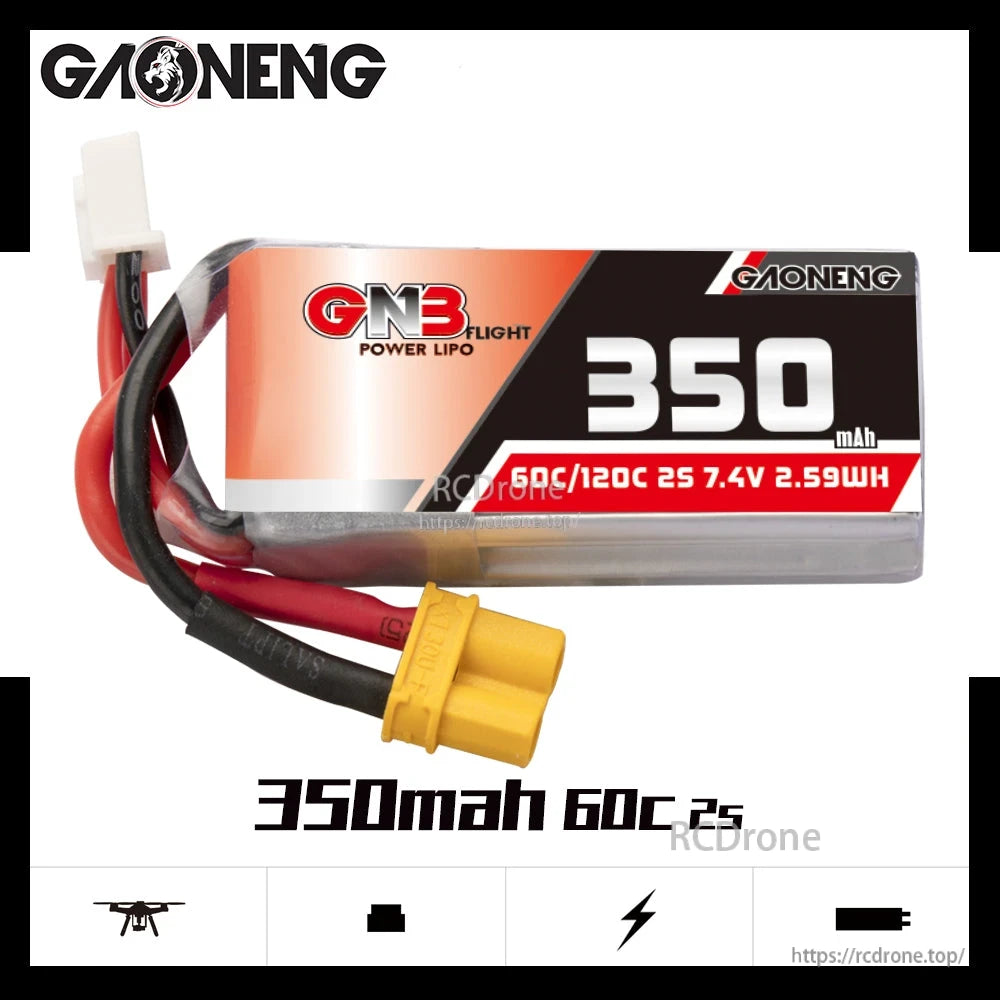 GAONENG GNB 350mAh 2S 7.4V 60C LiPo battery close-up of 350mAh label and discharge rating text