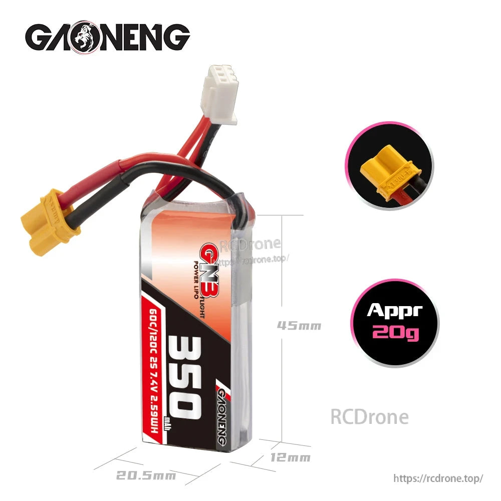 GNB 350mAh 2S LiPo battery size diagram showing approx 45mm length, 20.5mm width, 12mm height, 20g