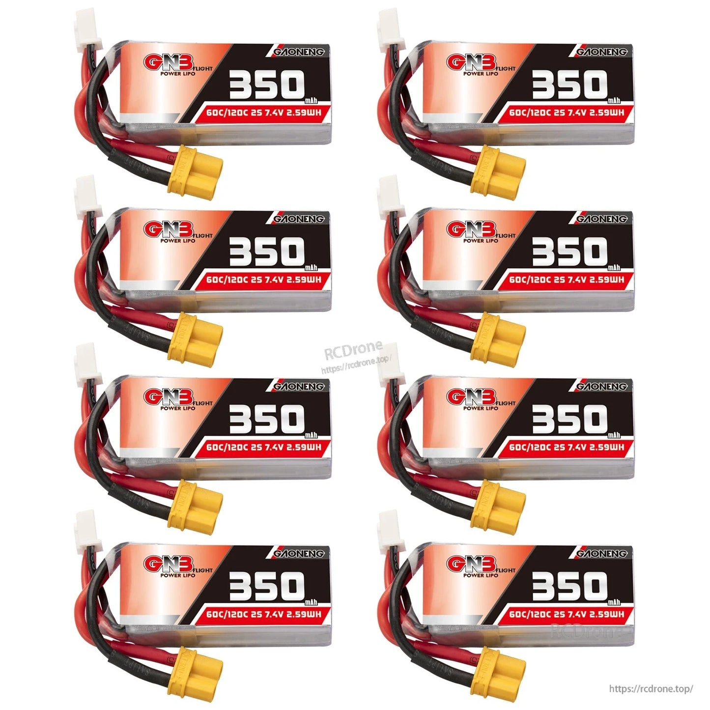 Eight-pack assortment of GNB 350mAh 2S LiPo batteries, each with yellow XT30 plug and balance connector
