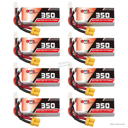 Eight-pack assortment of GNB 350mAh 2S LiPo batteries, each with yellow XT30 plug and balance connector