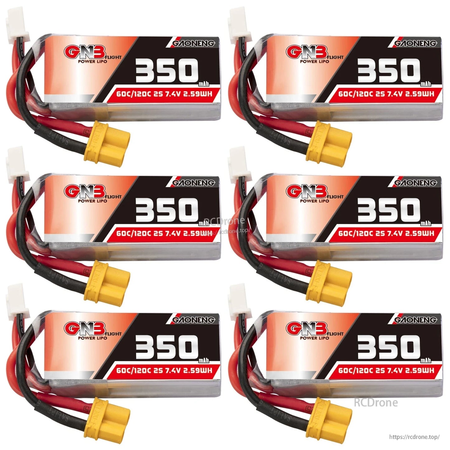 Six-pack set of GNB 350mAh 2S LiPo batteries with yellow XT30 connectors shown on white background