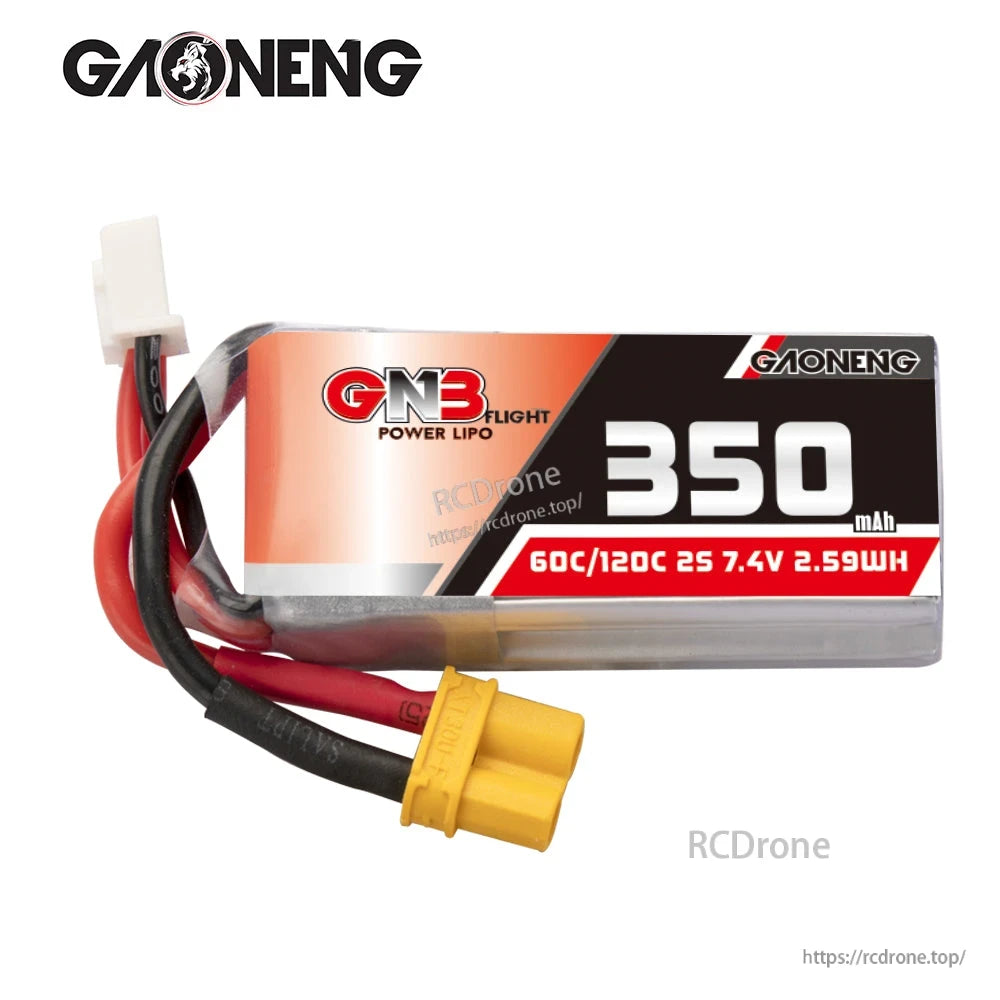GNB 350mAh 2S 7.4V LiPo battery front view with lead wires, yellow XT30 connector and white balance plug