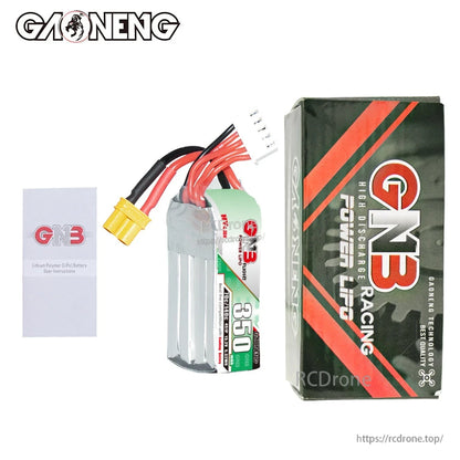 Package contents: GNB 350mAh 4S LiHV battery, retail box, and instruction leaflet