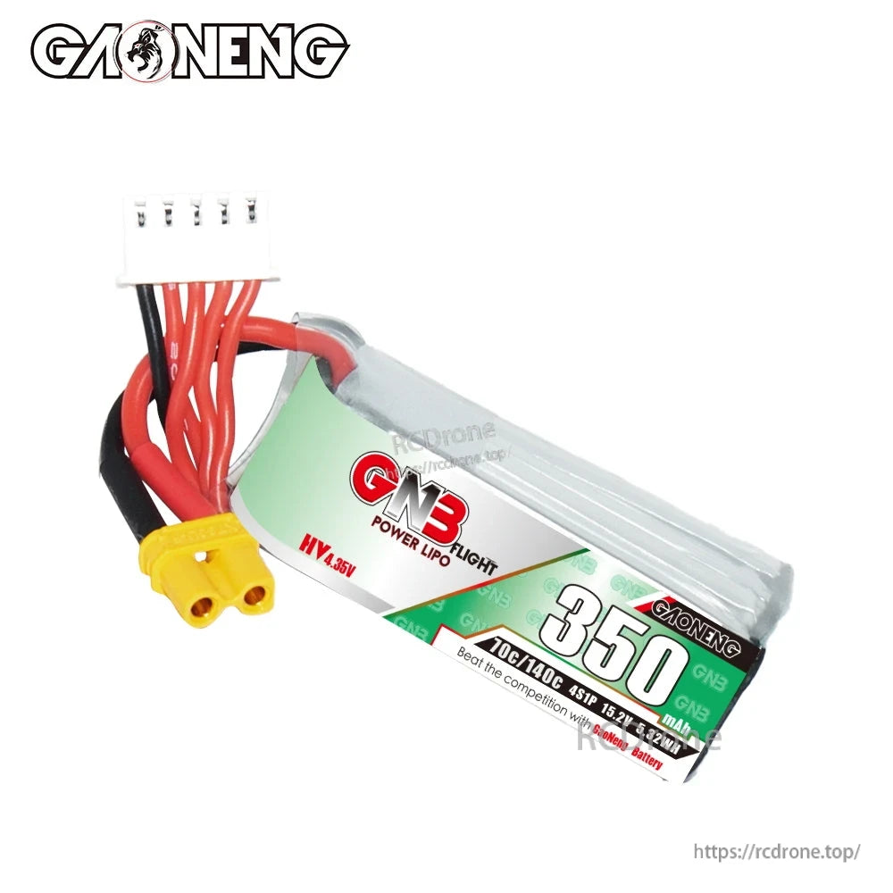 Top/side view of GAONENG GNB 350mAh LiHV pack showing wrapped cells, XT30 plug and balance lead