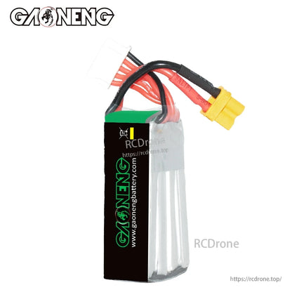 Rear view of GAONENG battery showing black side label and exit of XT30 and balance wires