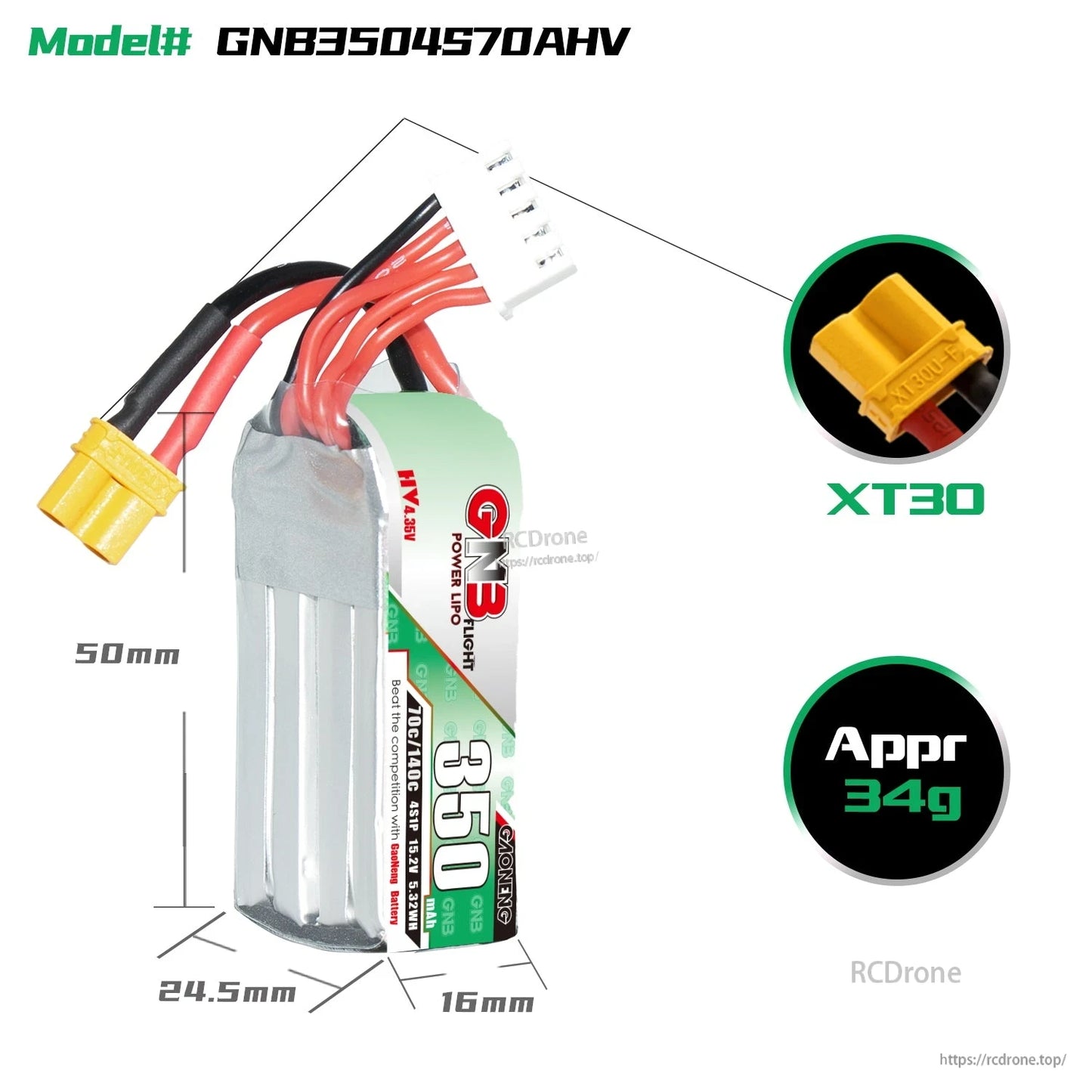 GNB3504S70AHV battery size diagram with XT30 connector close-up and approx 34g weight callout