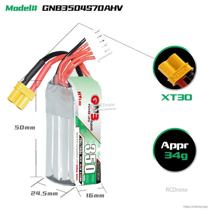 GNB3504S70AHV battery size diagram with XT30 connector close-up and approx 34g weight callout