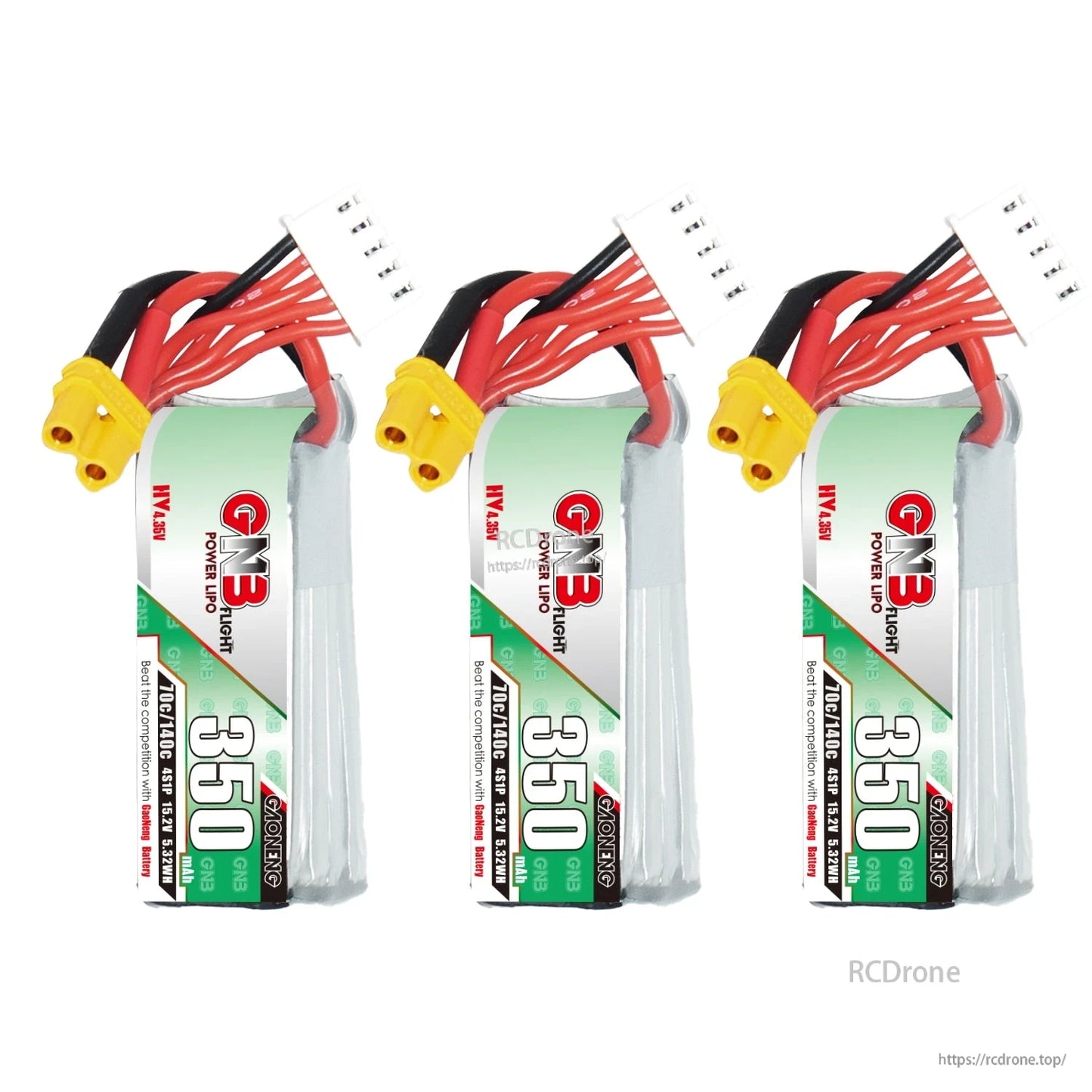 Three GNB 350mAh 4S LiHV batteries shown upright with XT30 connectors and balance leads