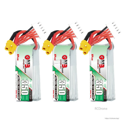 Three GNB 350mAh 4S LiHV batteries shown upright with XT30 connectors and balance leads