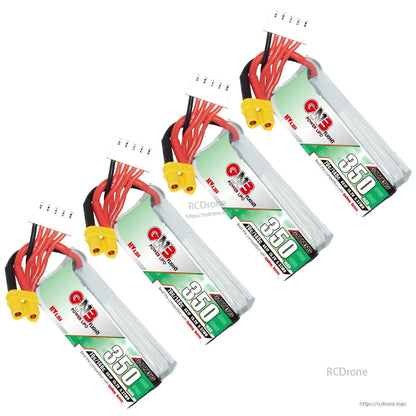 Four GNB 350mAh 4S LiHV batteries arranged diagonally, showing front labels and connectors