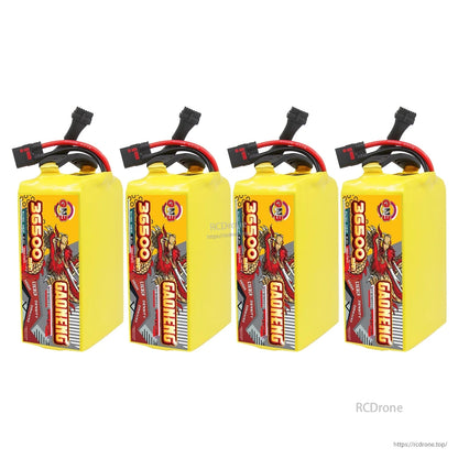 Four GAONENG 36500mAh packs standing upright in a row, connector leads visible on top