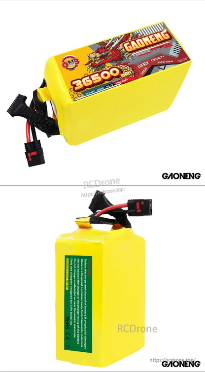 Two-angle collage showing battery front label view and rear warning label view