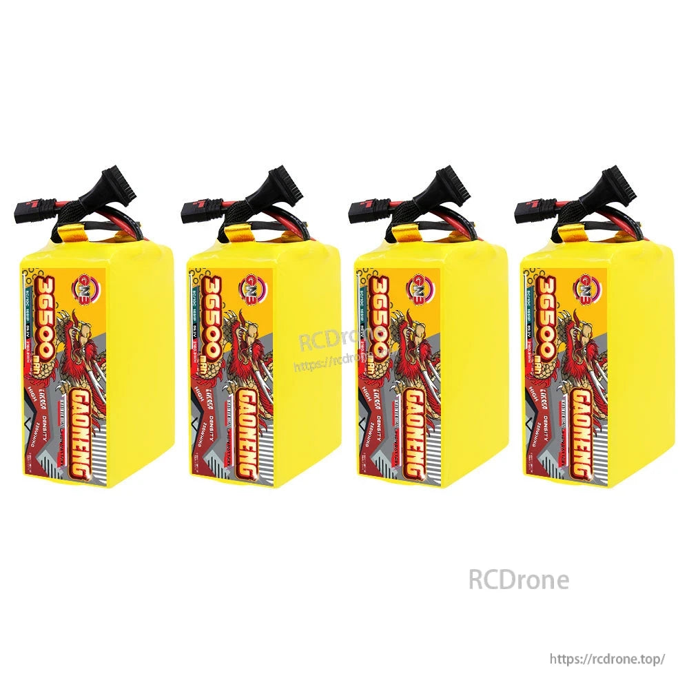 Four GAONENG 36500mAh battery packs lined up, upright front label view