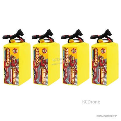 Four GAONENG 36500mAh battery packs lined up, upright front label view