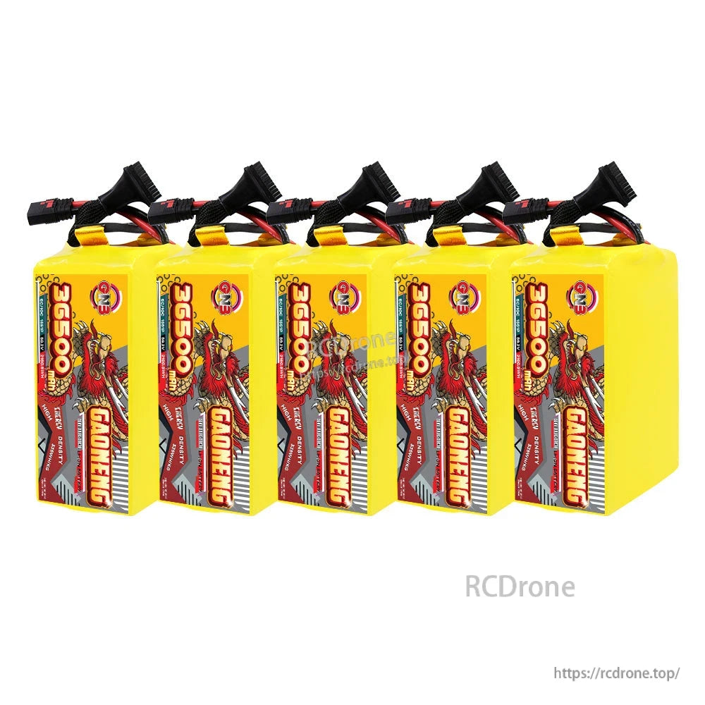 Five GAONENG 36500mAh battery packs in a row, upright front label view with cable leads