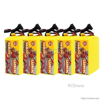 Five GAONENG 36500mAh battery packs in a row, upright front label view with cable leads
