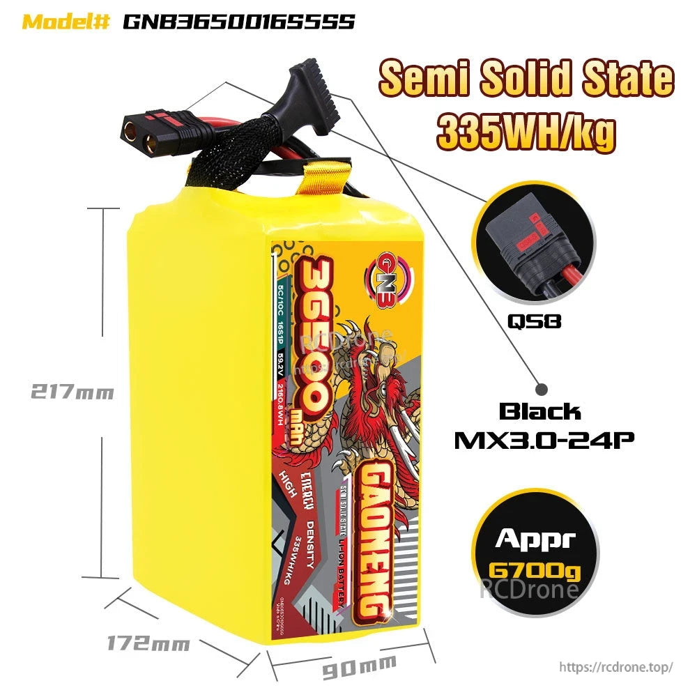 Battery size graphic showing dimensions and QS8 discharge connector plus MX3.0-24P balance plug callouts