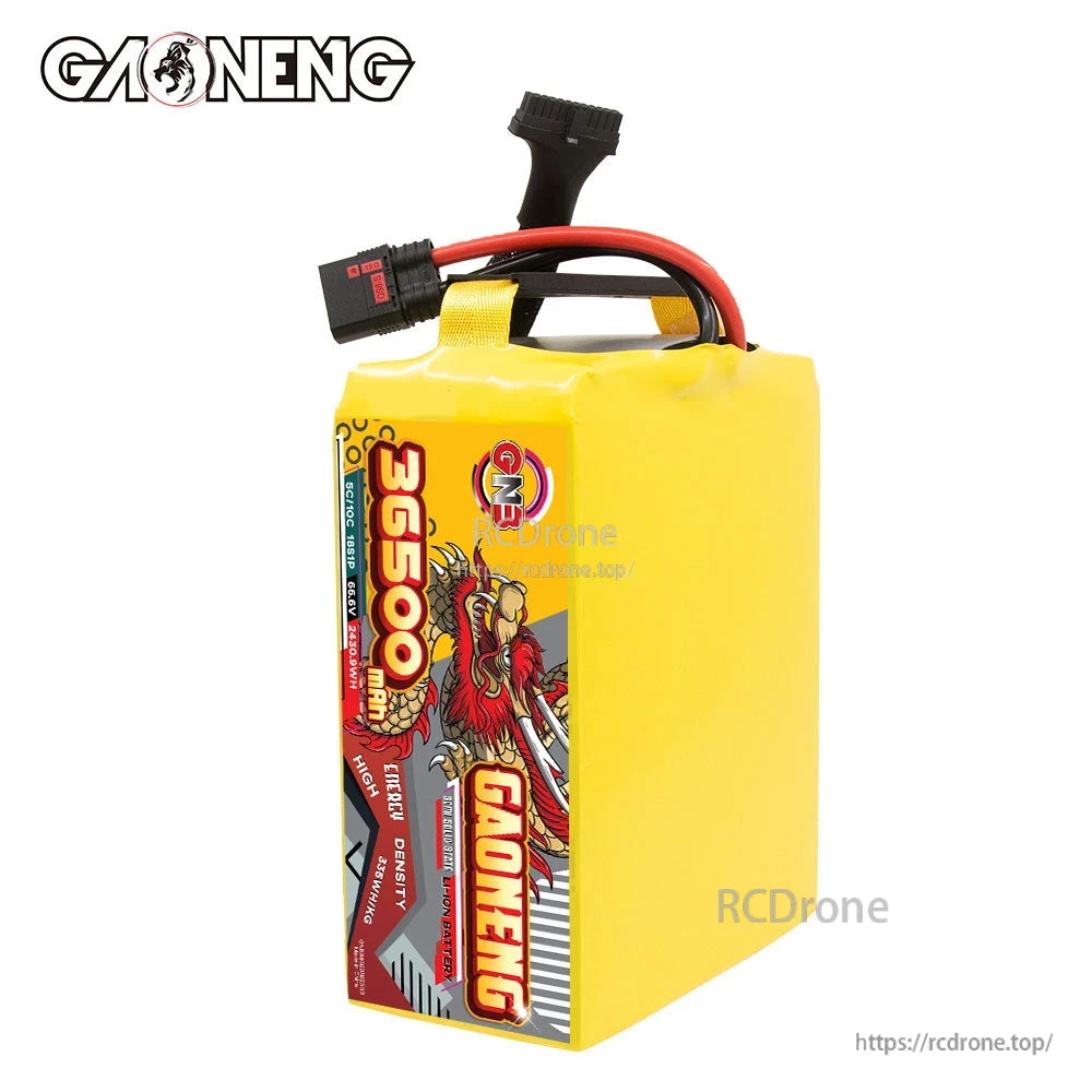 Upright GAONENG 36500mAh battery pack angled view showing front label and top wiring harness