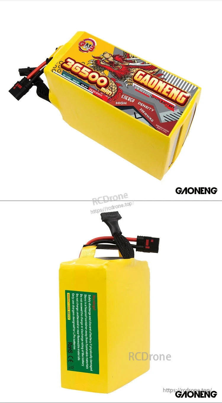 Two-view collage: top label view and rear safety-label view of the GAONENG battery pack