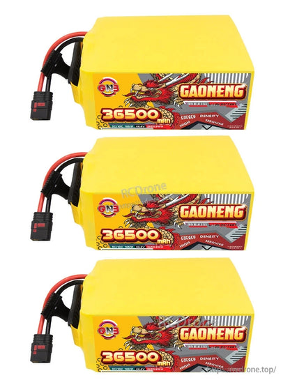 Three GAONENG 36500mAh battery packs shown in horizontal orientation with QS8 leads