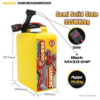 Battery size and connector diagram showing 217×194×90 mm, QS8 plug and MX3.0-24P balance lead