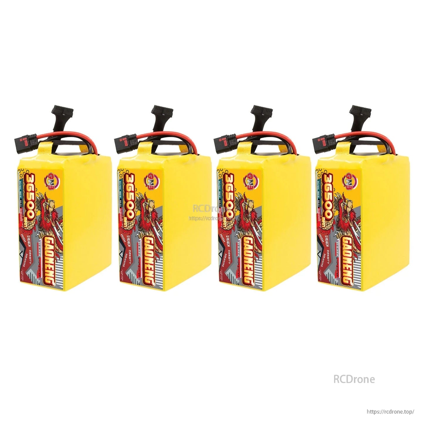 Four GAONENG 36500mAh battery packs upright in a row with QS8 discharge connectors