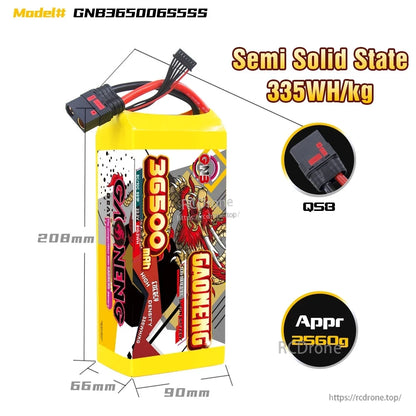 GAONENG GNB36500 6S semi solid-state battery dimensions diagram with QS8 plug close-up and approx weight