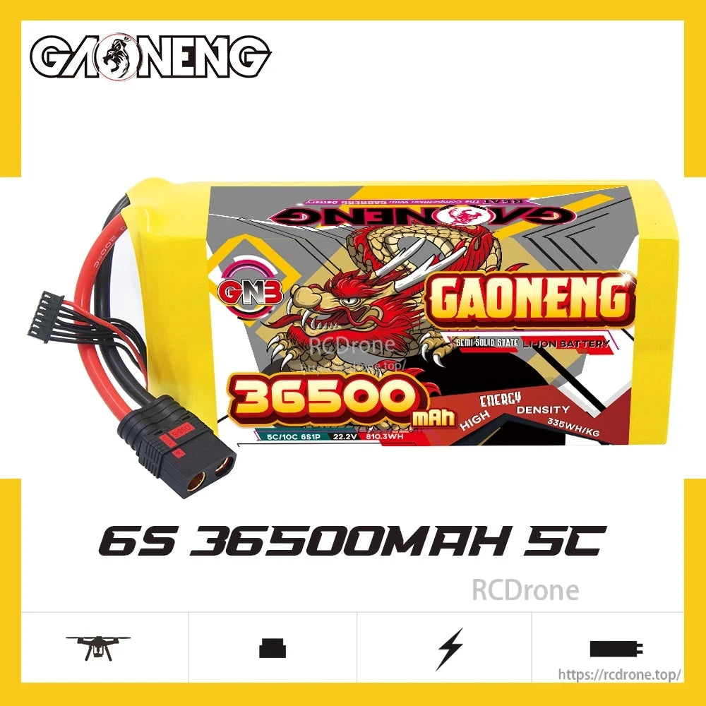 GNB 6S 36500mAh 5C battery pack product graphic with model highlights and connector leads